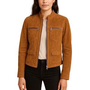 Mythology Tan Suede Leather Moto Jacket Women's Size 10 Belted Pockets Boho Y2K